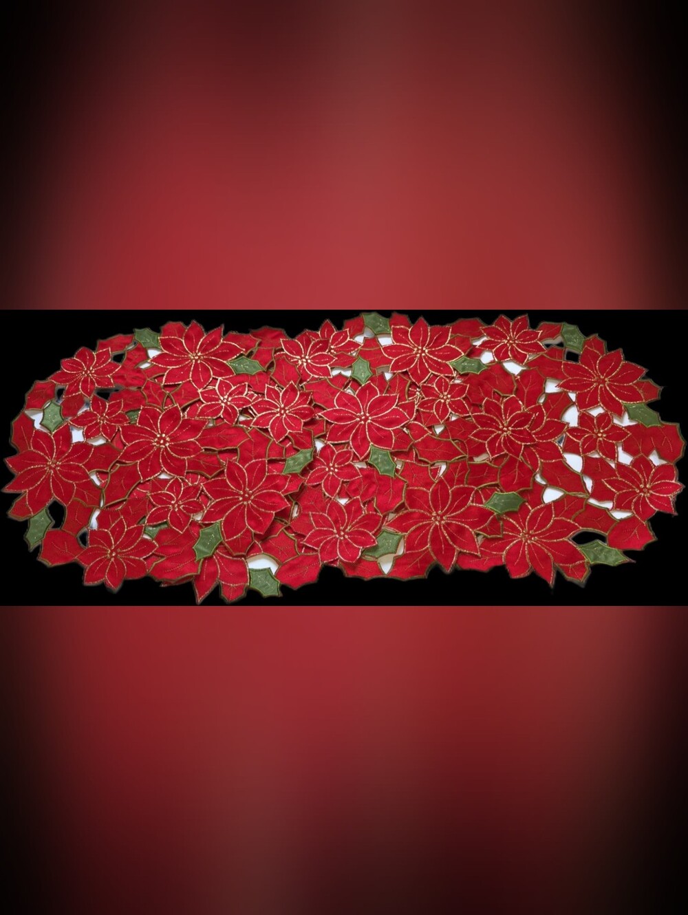 x4 15" Round Placemats & x1 70"x15.5" Table Runner - Holiday Poinsettia Red/Gold